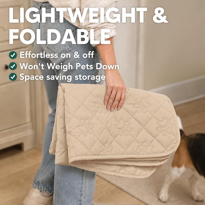 PAWFINITY Waterproof Bed Cover for Dogs, Pet Blanket for Mattress Washable | Paw Print Quilted, Hair Resistant, Anti Cat Scratch, Pee Proof Furniture Protector for Bed, Couch and Sofa, 52x82 Inch, Beige