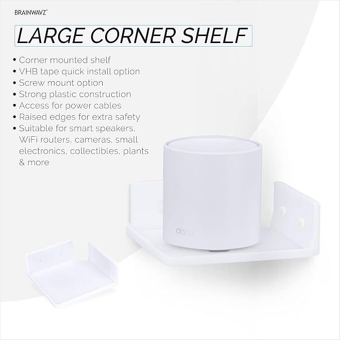 BRAINWAVZ 6.5" Corner Shelf Mount for Speakers, Cameras, Baby Monitors, Plants, Books Electronics, Collectibles & More, Adhesive & Screw in Floating Shelves (White)