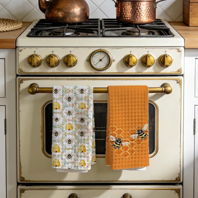 2PCS Bee Honeycomb Kitchen Towels 14x24 Inch, Absorbent Microfiber Decorative Dish Cloth Tea Towel, Bee Flower Waffle Hand Towels for Kitchen Home Bathroom, Bee Lover Gifts for Women