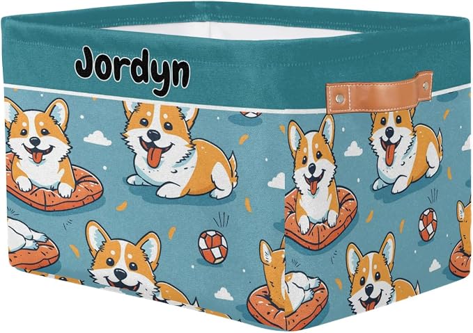 Custom Storage Baskets for Kids Name, Large Foldable Organizer Collapsible Storage Bin with Leather Handle for Home Toys Closet Nursery, Cute Corgi Dog Cartoon Cloud Blue