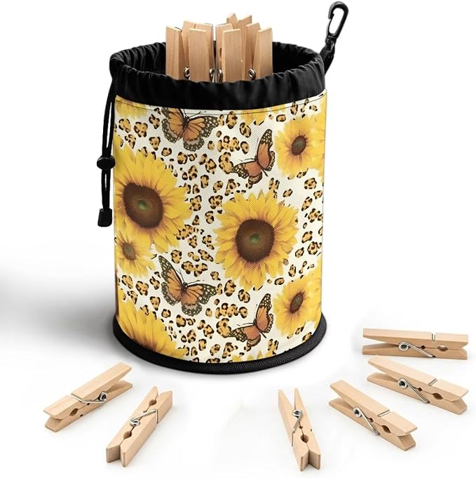 Clothespin Storage Bag with Hooks & Drawstring Closure Dragonfly Star Moon Space Saving Organizer for Clothes Pins, Hangs on Clothesline/Drying Rack