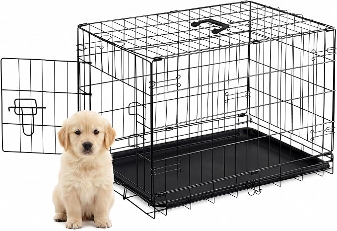 Portable Single Door Dog Crate, Durable Metal Wire Cage with Removable Tray | 24 Inch Folding Metal Wire Pet Kennel with Plastic Leak-Proof Pan, Handle for Indoor, Outdoor, Travel
