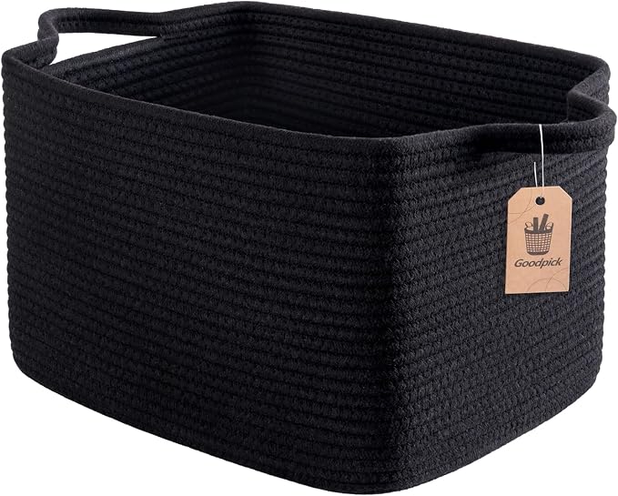 Goodpick Woven Storage Basket for Shelves, 13" x 10" x 9", Black | Stylish Gift Basket for Home Decor, Cotton Rope Baskets for Books, Toys & Towels Storage, Living Room & Bedroom Organization