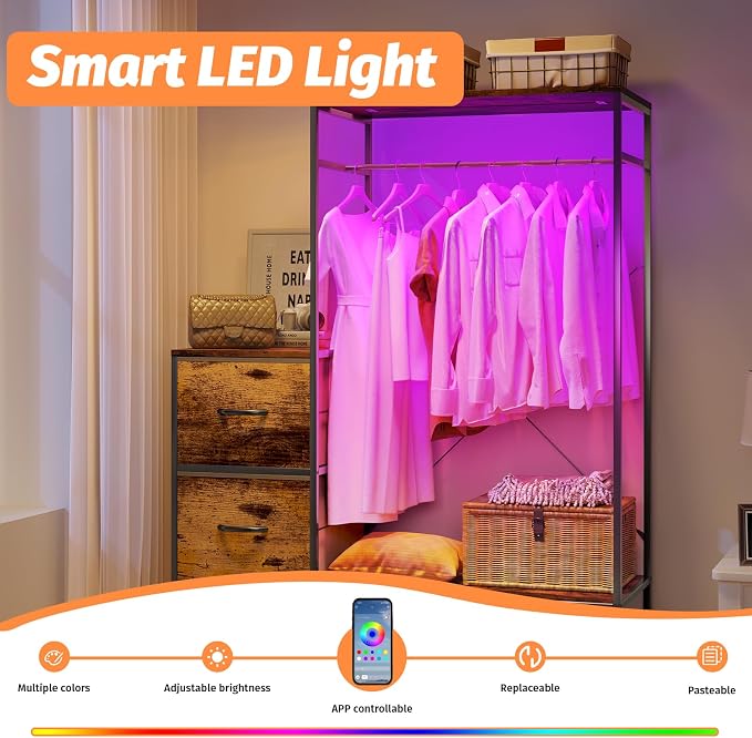 Clothing Rack with 5 Fabric Drawers & LED, 39.4" W×57" H Dresser with Hanging Rack, Free Standing Wardrobe Closet with Shelves, Closet Organizer for Bedroom, Small Space, Apartment, Brown