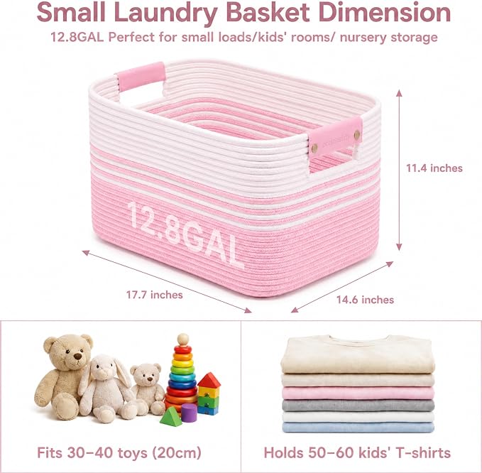 12.8GAL Kids Stuffed Animal Toy Storage Organizer, Cute Mini Nursery Laundry Basket for Baby Girls Boys Dirty Clothes, Picture Books, Small Cotton Rope Wicker Hamper for Bathroom Towels White Pink