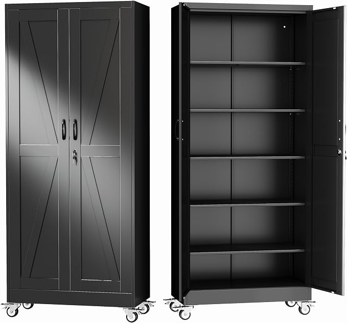 GAIOUS 74.8" Tall Metal Storage Cabinet with Lock and Wheels, File Cabinet | for Home Office, Garage Storage Cabinets with 2 Door and 5 Adjustable Shelves, Rolling Tool Cabinet, Utility Cabinet, Black