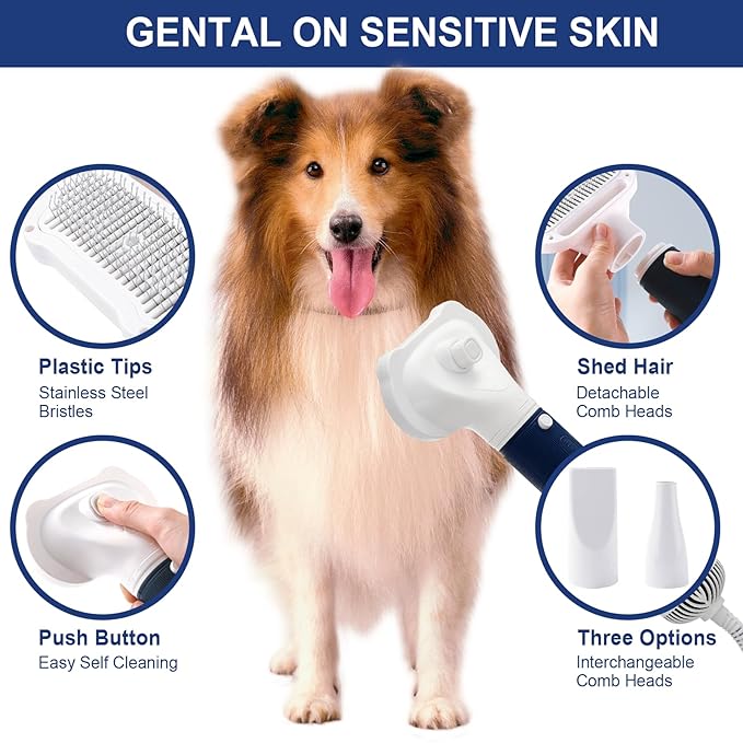 3-in-1 Pet Hair Dryer & Slicker Brush for Dogs & Cats – Portable, Professional, Adjustable Temp, Overheat Protection Dog Hair Dryer