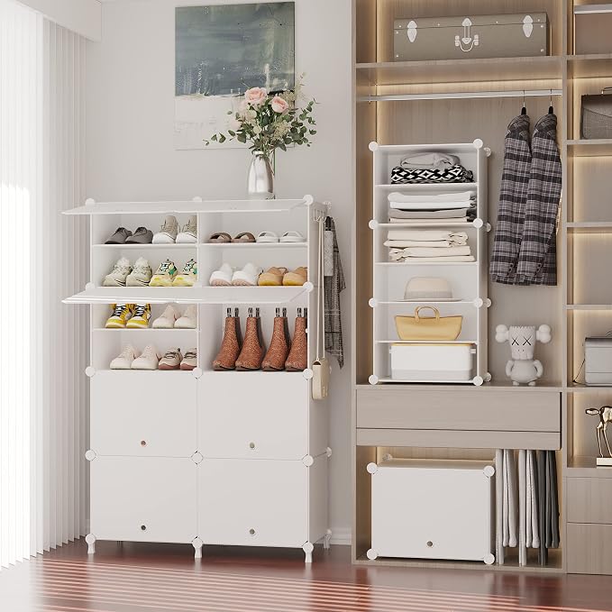 AWTATOS 8 Tiers Shoe Rack Organizer, 32 Pair Shoe Storage Cabinet, White | DIY Stackbale Plastic Shoe Organizer Shelves for Closet Entryway Hallway Bedroom