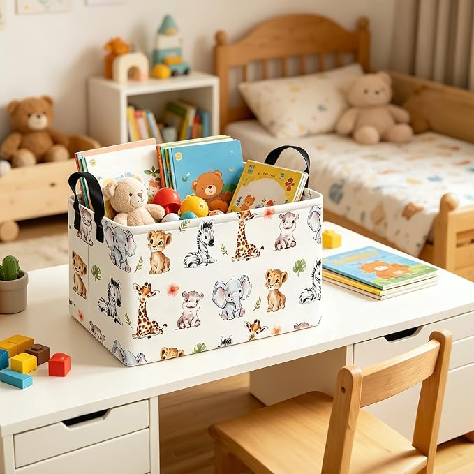 Rectangular Safari Animal Storage Bin, Fabric Closet Organizer Basket | Reinforced side grips, foldable container arranges wardrobe and bedroom daily belongings
