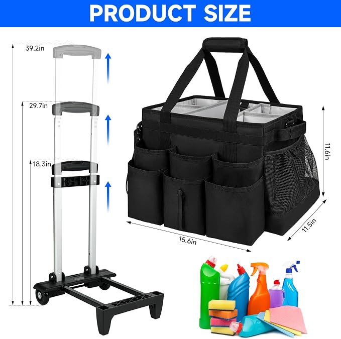 Large Rolling Cleaning Caddy Bag with Detachable Trolley,Cleaning Cart on Wheels with Shoulder Strap,Cleaning Supplies Organizer for Housekeepers,Black