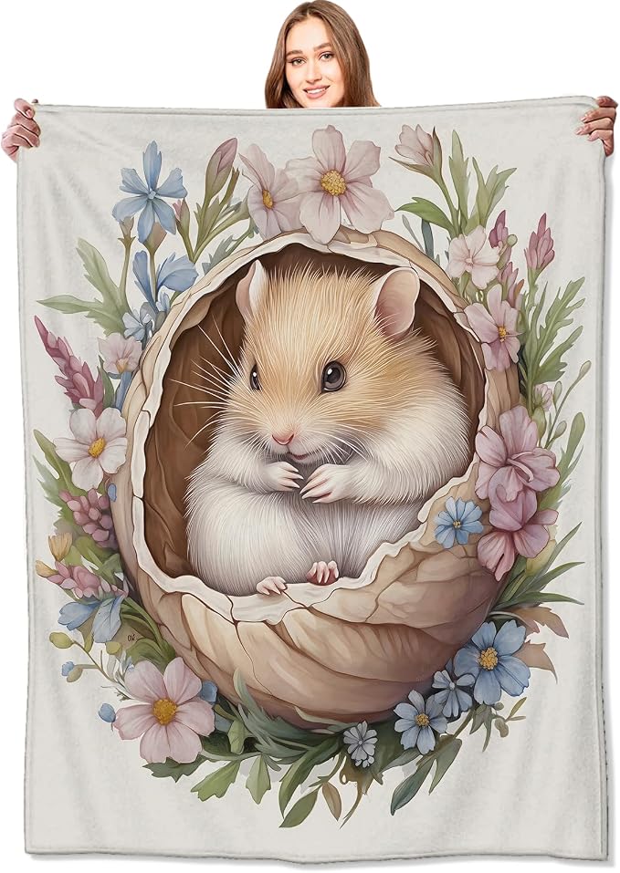 Hamster Blanket,50x60in,Cute Animal in Floral Nest Pastel Flower Throw Blankets,Gifts for Kids Girls Women, Lightweight Soft Fleece Cozy,for Sofa Couch Bed Room Travel Modern Decor