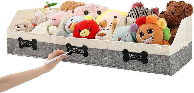 Qozary Large Dog Toy Basket with Diy Tag - Collapsible Dog Toy Bin, Fabric Personalized Dog Toy Box, Trapezoid Dog Toy Storage and Organizer for Pet Supplies
