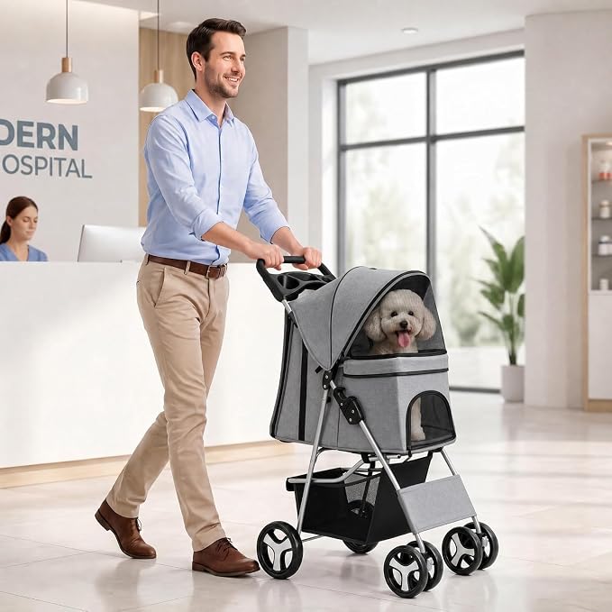 ZENY Foldable Pet Stroller, Cat/Dog Stroller with 4 Wheels | Pet Travel Carrier Strolling Cart with Storage Basket, Cup Holder (Grey)