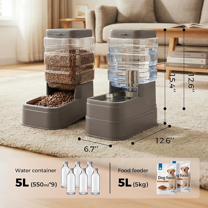 Automatic Cat Feeder and Water Dispenser with Stainless Steel Bowl with Ice Pack Gravity Food Feeder and Waterer Set Feeding Raised Bowls with Filter for Dog 1.3 Gallon x 2(Grey)