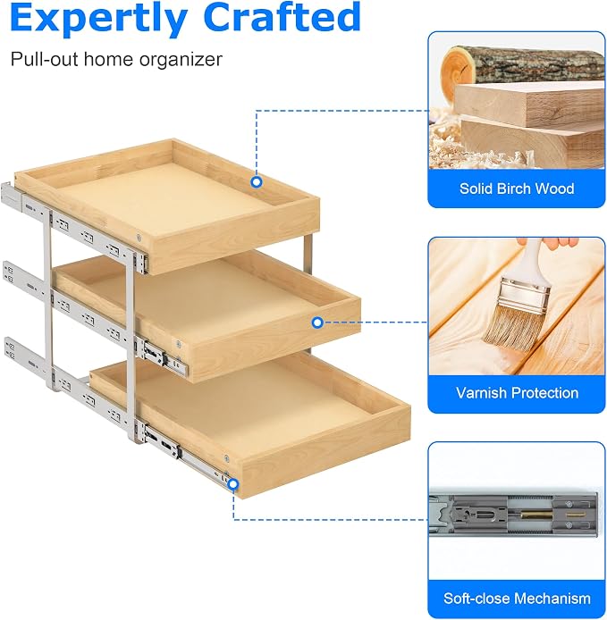 WelFurGeer 3-Tier Pull Out Cabinet Organizer with Soft Close, Heavy-Duty Pull Out Drawers for Cabinets, Slide Out Shelf for Kitchen, Pantry, Bathroom & Under Sink, Solid Birch Wood