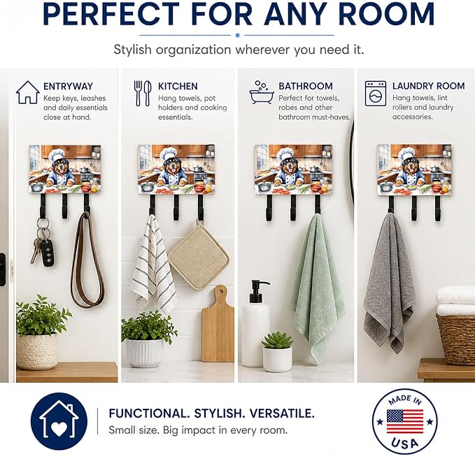 Caroline's Treasures Tibetan Mastiff The Chef Leash or Key Holder Wall Hooks, Key Hooks Holder, Coat Rack Wall Mount, Coat Hooks, Hooks for Hanging Keys, Towels, Aprons, Leashes | Tibetan Mastiff The Chef artwork on ceramic tile with three steel hooks ...