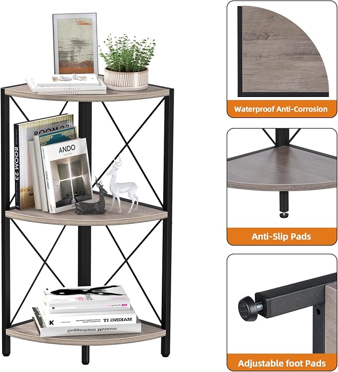 Snughome Corner Shelf for Desktop, 3-Tier Corner Storage Organizer with Metal Frame, Freestanding Corner Shelf Stand Display Rack for Kitchen Counter, Living Room, Grey