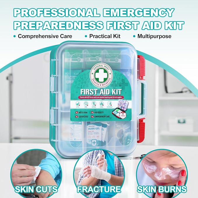 General Medi 420 Pieces Professional First Aid Kit - HardCase First Aid Box - Contains Premium Medical Supplies for Travel, Home, Office, Vehicle, Camping, Workplace & Outdoor