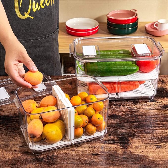 SANNO Fridge Produce Saver Storage Vegetable Fruit Containers Food Produce Saver Container Stackable Refrigerator Organizer Bins Fresh Keeper Drawers Organizer, Set of 4