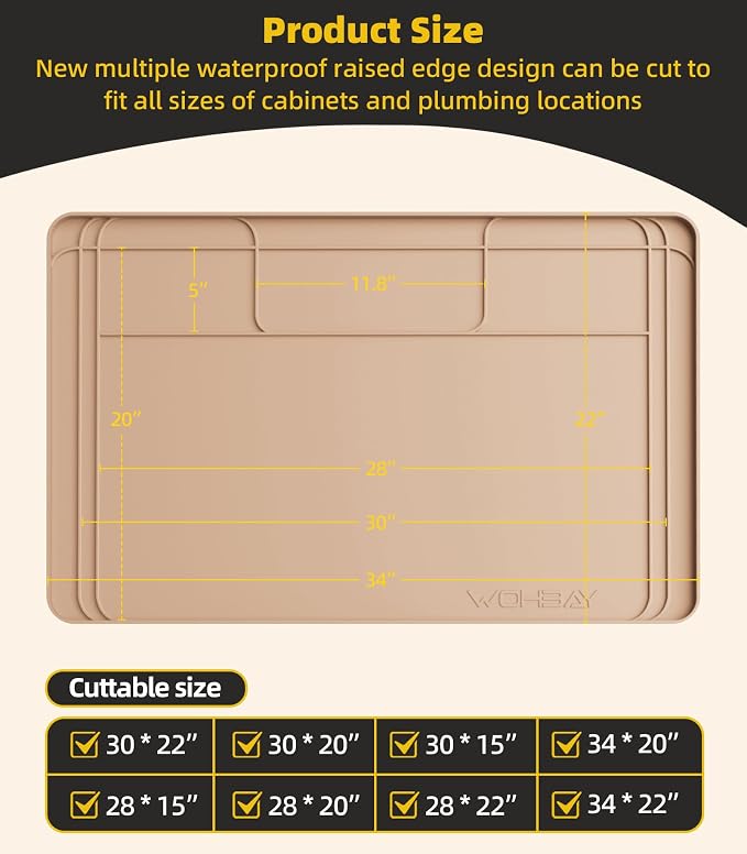 Under Sink Mats for Kitchen Waterproof 34"x22",Khaki | Cut to Fit Design for Various Sizes, Leak-Proof Cabinet Protection,Durable Silicone Material,Versatile Home Use