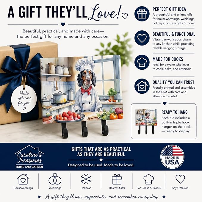 Caroline's Treasures English Setter The Chef Leash or Key Holder Wall Hooks, Key Hooks Holder, Coat Rack Wall Mount, Coat Hooks, Hooks for Hanging Keys, Towels, Aprons, Leashes | English Setter The Chef artwork on ceramic tile with three steel hooks fo...