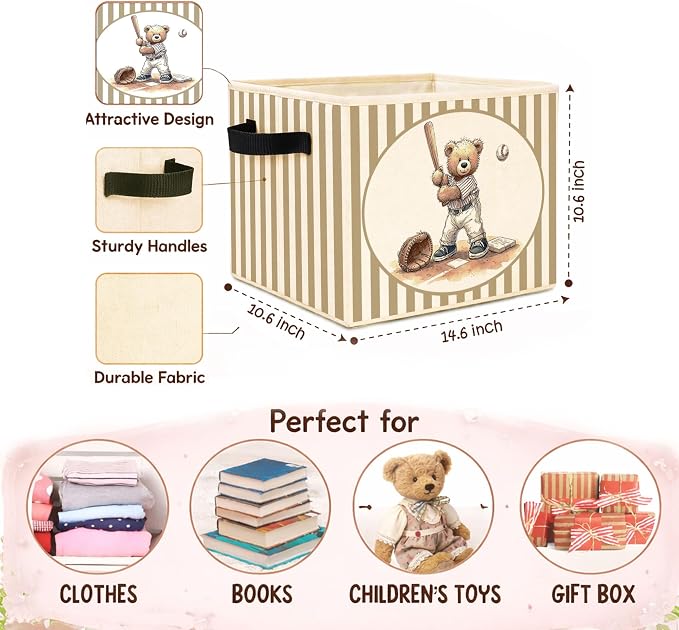 Baseball Teddy Bear Beige Stripe Foldable Fabric Storage Bin | Baseball teddy bear beige stripe design; foldable fabric storage bin for kids room, nursery, playroom, toys, books.