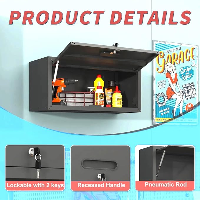 Metal Wall Mounted Cabinet with Up-flip Door,Black Steel Cabinets | Heavy Duty Tool Storage Cabinets for Garage,Kitchen,Warehouse,Office,Assembly Required