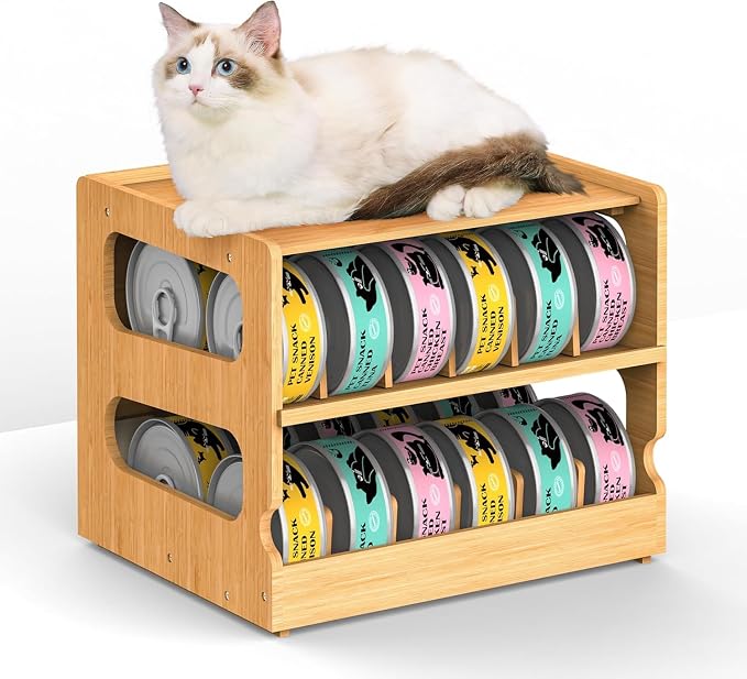 Stackable Bamboo Cat Food Can Organizer, Cat Canned Food Organizer Storage | 2-Tier Adjustable Stacking Can Dispensers, First-In & First-Out System, Holds Up to 36 Cans - for Pantry, Cabinet, Countertop