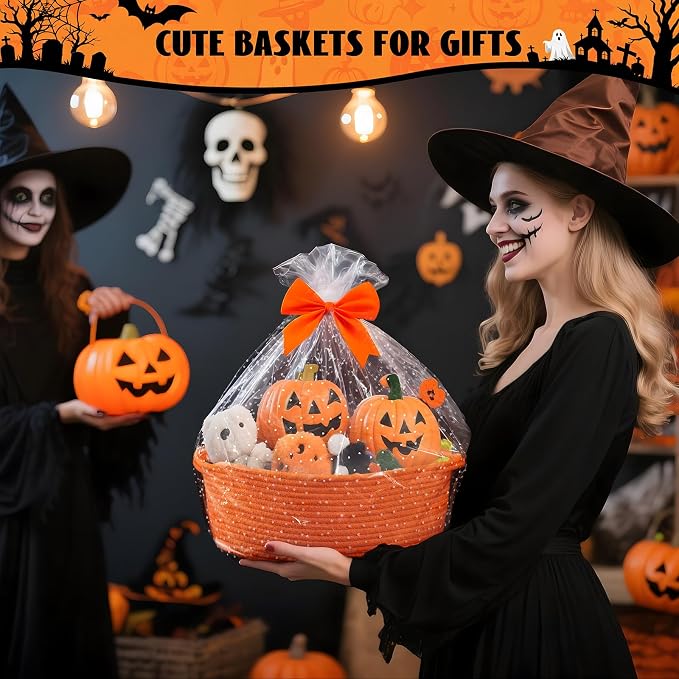 Goodpick Woven Rope Halloween Basket for Gifts Empty, 12" x 8" x 5", Orange | Small Boho Basket for Candy Snacks Treats Storage, Fits Living Room Nursery Halloween Decor, with Durable Handles