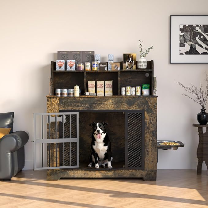 Petrova 33" Dog Crate Furniture with Storage Shelf & 2 Stainless Steel Bowls, Heavy Duty Indoor Dog Kennel for Medium/Small Dogs, Wooden Dog Cage with 4 Hooks, LED Light, Walnut Brown
