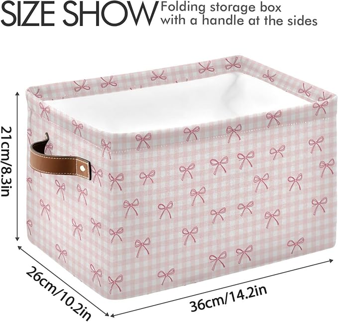 Wamika Pink Cherry Bow Storage Basket with Waterproof Liner and PU Handles Coquette Bowknot Storage Bins Boxes 14.2" Collapsible Decorative Organizer Baskets for Bedroom Closet Office 1 Pack