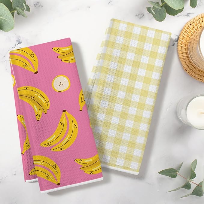 Banana and Yellow Checkered Kitchen Towels, Quick Dry Multipurpose Waffle Weave Hand Towels for Bathroom, Absorbent Reusable Cloth Tea Dish Towels for Home Decor, Banana Lover Gift Towel Set of 2