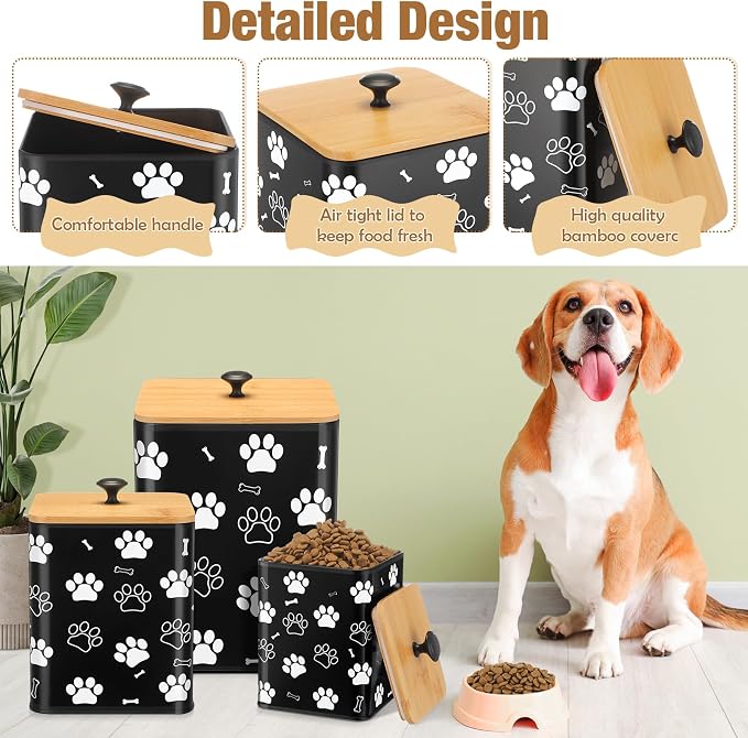 Reallnaive Airtight Dog Treat Container Set of 3 with Bamboo Lids Metal Treat Jars for Countertop Decorative Pet Snack Food Storage Canister Kitchen Biscuit Holder(Black)