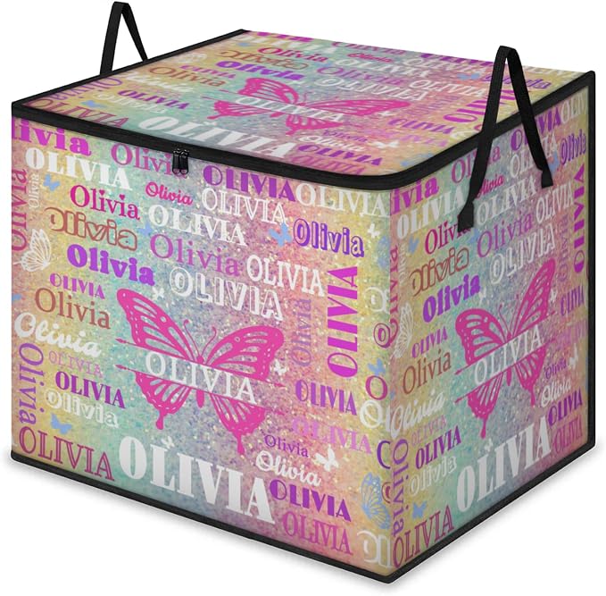 Personalized Extra Storage Bins with Lid, Customized Name Butterfly Storage Basket Rectangle Clothes Organizer for Organizing Kids Toys Shelf Closet, Yellow Pale Turquoise Pink Glittering