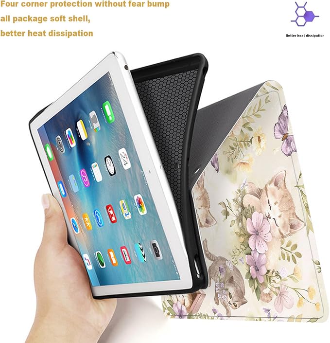 Tablet Case for iPad (9.7-Inch, 2018/2017 Model, 6th/5th Generation),Shockproof Protective Cover with Stand,Auto Wake/Sleep,Cat Flower Butterfly