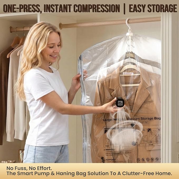 TAILI Hanging Vacuum Storage Bags for Clothes,4 Combo with Pump | Vacuum Seal Bags for Clothing Travel, Electric Pump, Winter Clothes Storage Closet Organizers, Coats, Suits and Jackets