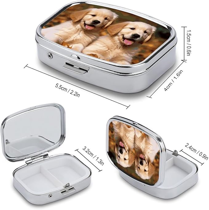 Travel Golden Retriever Dogs Puppies Pets Pill Case 2 Compartments Small Pill Organizer for Fish Oil Vitamin Supplement Portable Daily Pill Box for Pocket Purse Medicine Storage