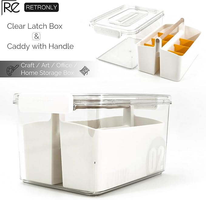 Craft Caddy with Lid and Lift-Out Portable Caddy, Orange | Art Supply Storage, Adjustable Dividers, Clear Storage Organizer, Teacher Supplies, Markers & Brushes, Stackable 11x8x7 in