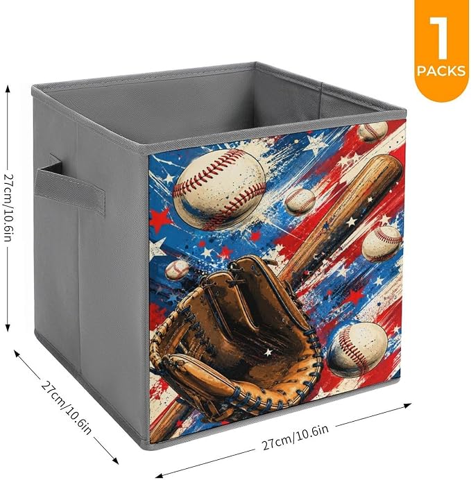 Baseball Glove Bat And Balls Storage Bin with Handles, Oxford Fabric Foldable Storage Cube Organizer for Clothes, Towels, Bedroom, Living Room, Home Organization