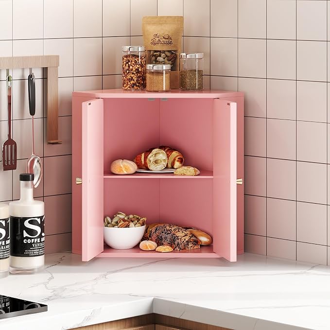 Trironsun Corner Bread Box for Kitchen Counter Double Layer Bamboo Bread Storage Container Large Capacity Bread Storage Bin Farmhouse Breadbox Organizer (Pink)