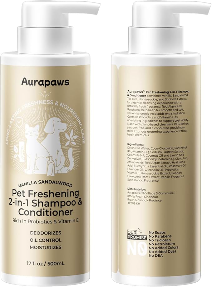 2-in-1 Dog Shampoo and Conditioner, Probiotic Pet Shampoo for Odor & Oil Control, Clean Formula with Panthenol & Ceramide NP for Dogs & Cats, Vanilla Sandalwood Scent, 17oz, 2-Pack