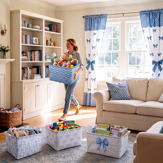 4pcs 4 Pcs Blue Bow Storage Basket for Gifts Collapsible Girls Coqutte Blue Storage Bins with Handle Cute Preppy Foldable Laundry Organizer for Home Bathroom Bedrooms Baby Clothes Toys Books