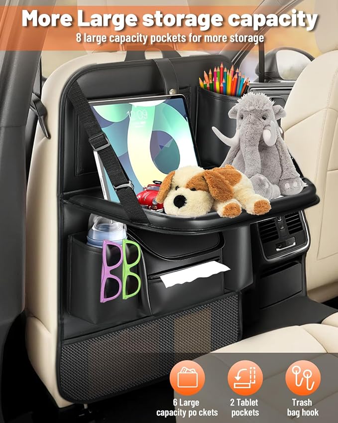 2 Pack Leather Car Backseat Organizer with Foldable Table Tray | Garbage Bag Hook, Protector Kick Mats for Kids, 8 Large-Capacity Pocket, Universal Car Seat Protector for Kids, Pets & Travel