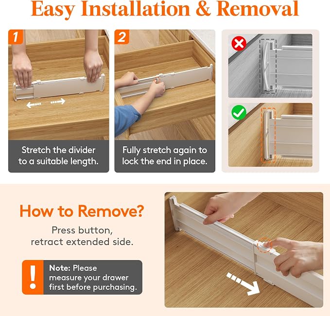 Lifewit 5 Pack 4" High Drawer Dividers, Adjustable Drawer Organizer Clothes | 13.8"-22.2" Expandable White Plastic Separators for Dresser, Kitchen, Cabinet, Nursery, Office, Socks & Underwear Storage