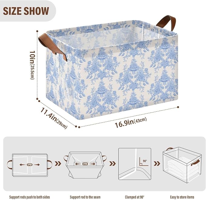 Blue Beige French FloralStorage Bins for Shelves with Labels&Handles Fabric Organizer Bin Foldable Rectangle Storage Basket Boxes for Closet, Bathroom, Home, Living Room