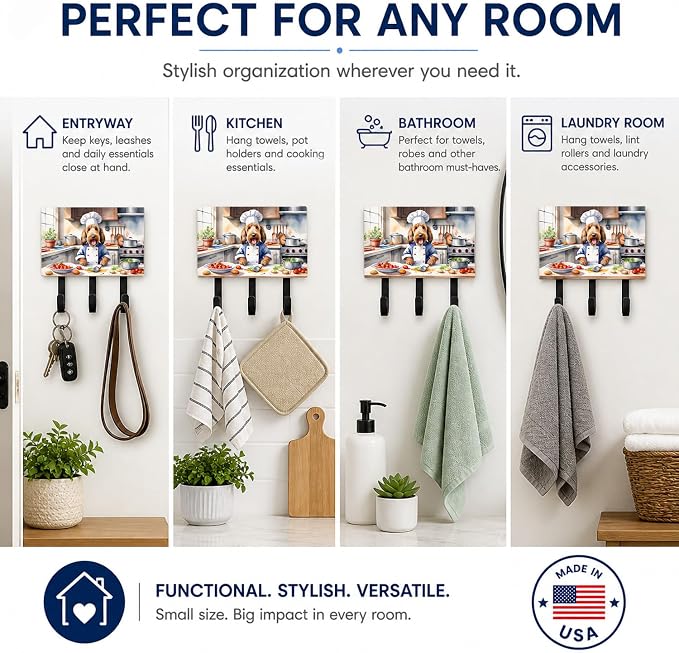 Caroline's Treasures Otterhound The Chef Leash or Key Holder Wall Hooks, Key Hooks Holder, Coat Rack Wall Mount, Coat Hooks, Hooks for Hanging Keys, Towels, Aprons, Leashes | Otterhound The Chef artwork on ceramic tile with three steel hooks for keys, ...