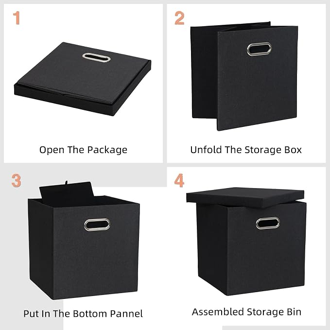 Storage Bins with Lids, Linen Fabric Boxes Organizer Containers with Lid Foldable Storage Box Basket for Closet, Shelves, Home, Office,12 x 12 x 12 Inch, 4 Pack, Black, AG3006-7
