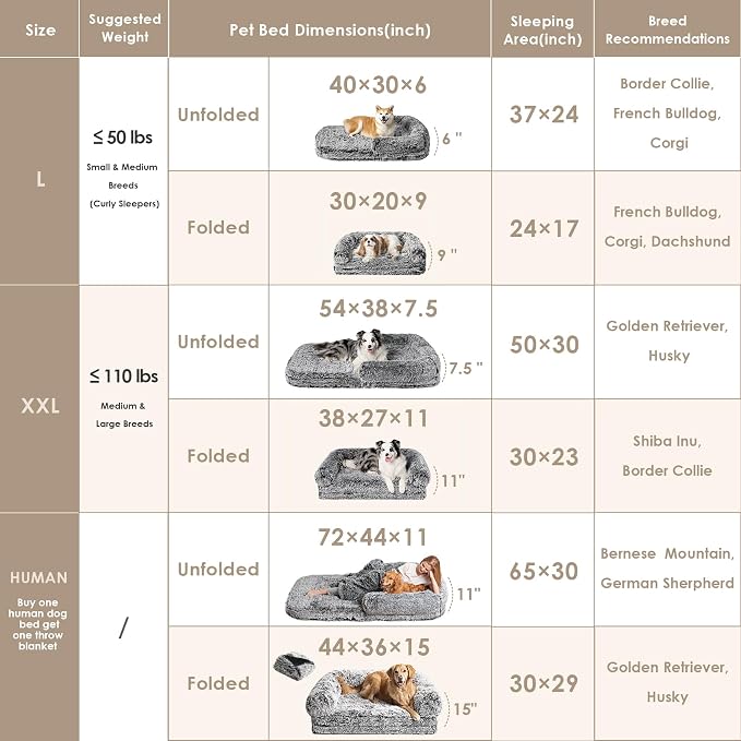 EHEYCIGA Foldable XXL Dog Bed for Large Sized Dog - 54x38x7.5, Faded Black | Faux Fur Fluffy Pet Couch Bed, Orthopedic Calming Memory Foam Big Pet Bed, Washable Pet Sofa Bed with Non-Slip Bottom