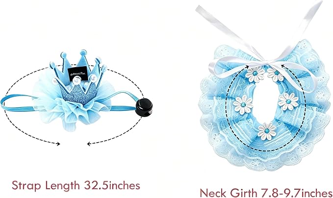 Cat Princess Costumes Cat Crown Hat & Lace Bandana Scarf Set, Puppy Party Hat for Small Dogs & Cats, Lace Outfit for Cats and Small Dogs Birthday Party (Blue)
