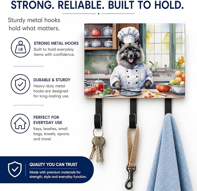 Caroline's Treasures Keeshond The Chef Leash or Key Holder Wall Hooks, Key Hooks Holder, Coat Rack Wall Mount, Coat Hooks, Hooks for Hanging Keys, Towels, Aprons, Leashes | Keeshond The Chef artwork on ceramic tile with three steel hooks for keys, leas...